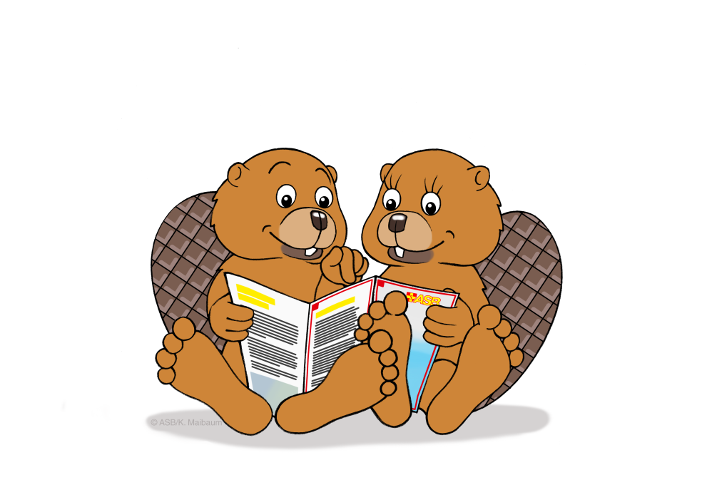 Illustration: Zwei Biber sitzen nebeneinander und lesen zusammen eine Broschüre.