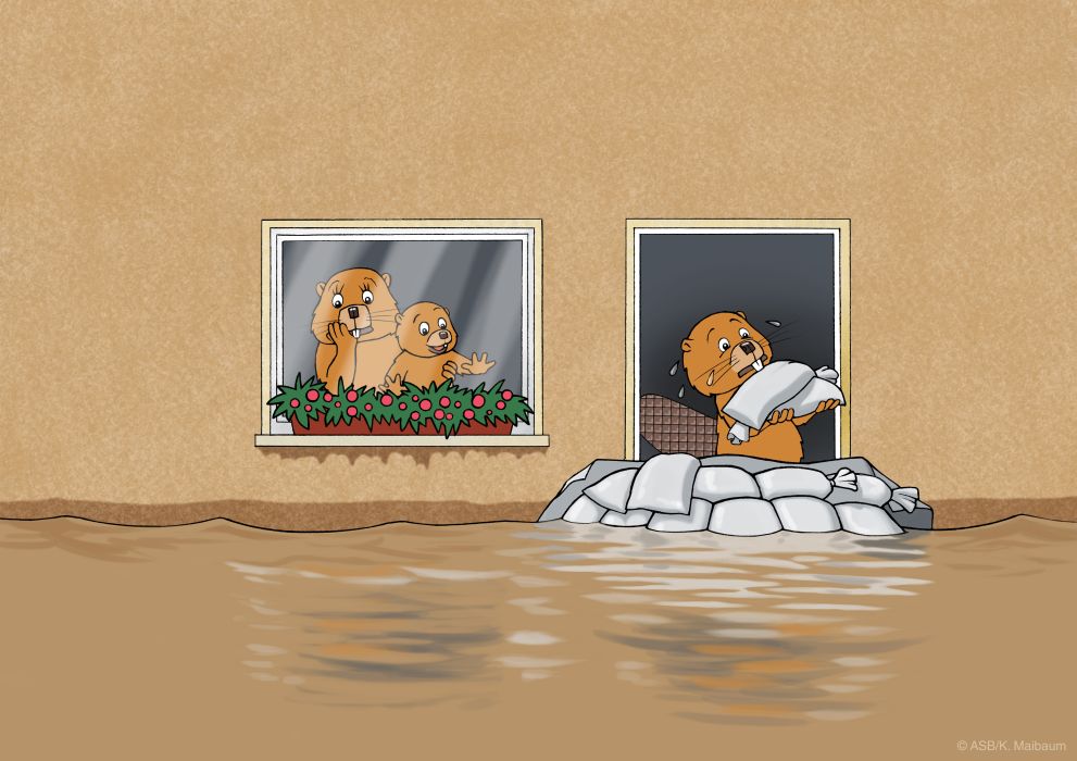 Illustration: Ein Haus steht im Hochwasser, ein Biber schaut aus dem Fenster, vor der T&uuml;r liegen Sands&auml;cke.