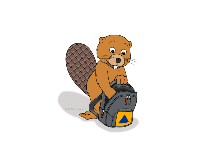 Illustration: Ein Biber steht neben einem gepackten Notfallrucksack.