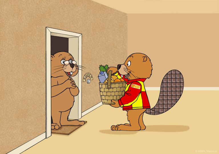 Illustration: Ein Biber bringt einer &auml;lteren Nachbarin einen Korb mit Lebensmitteln an die Wohnungst&uuml;r.