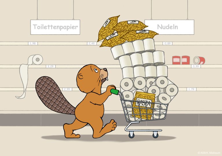 Illustration: Ein Biber schiebt einen &uuml;berladenen Einkaufswagen mit Nudeln und Toilettenpapier durch den Supermarkt.