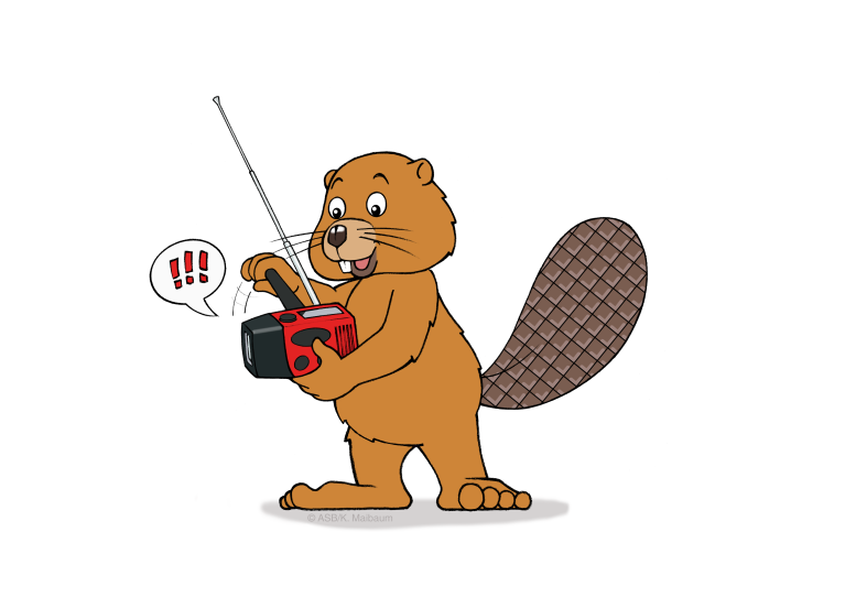 Illustration: Ein Biber tr&auml;gt ein batteriebetriebenes Kofferradio mit ausgezogener Antenne.
